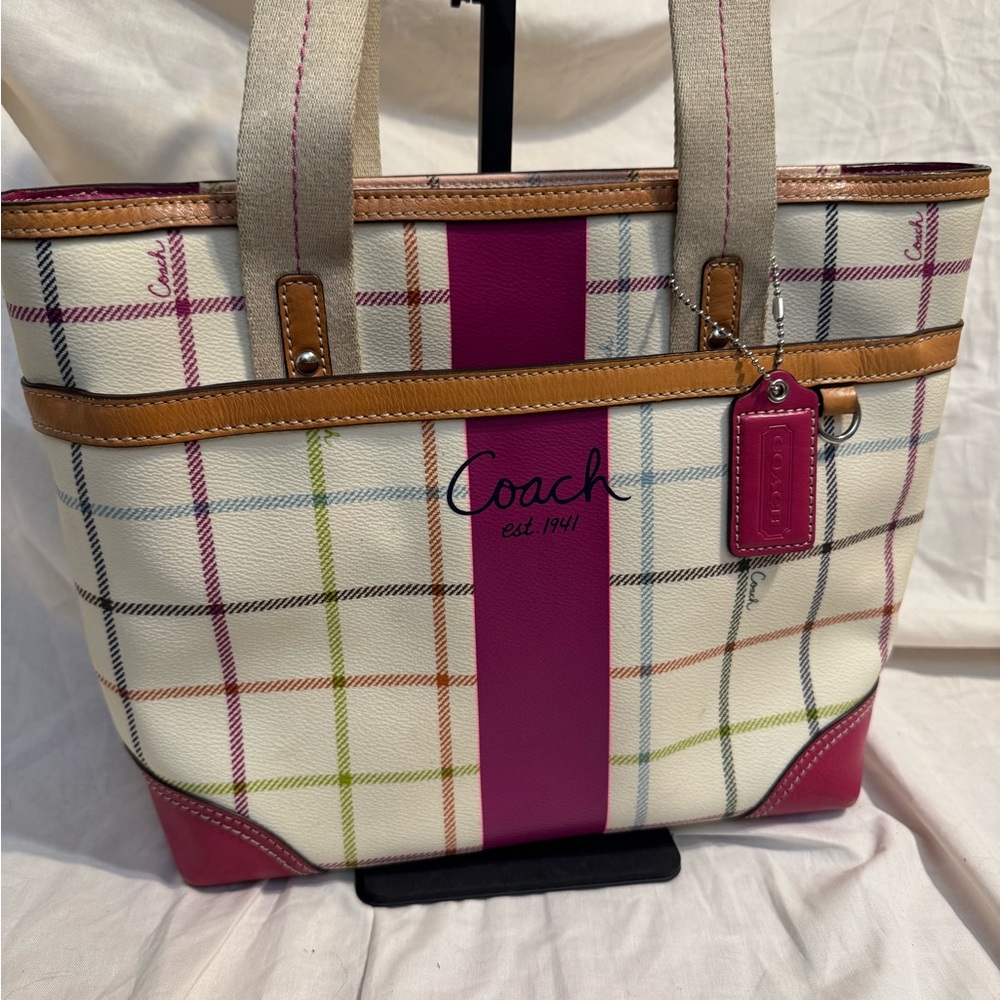 Coach Peyton Tattersall Cream Plaid Tote with Fuchsia Center Stripe